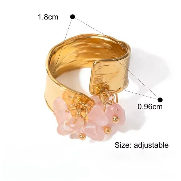 NWT Wide Band Ring 18K Gold Plated Rose Quartz Beads Open Adjustable Size - Picture 7 of 8